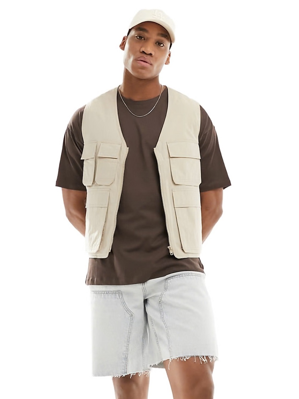 ASOS Men’s White Jean Utility Cargo Vest Multi Pocket Size XL Outdoor Streetwear